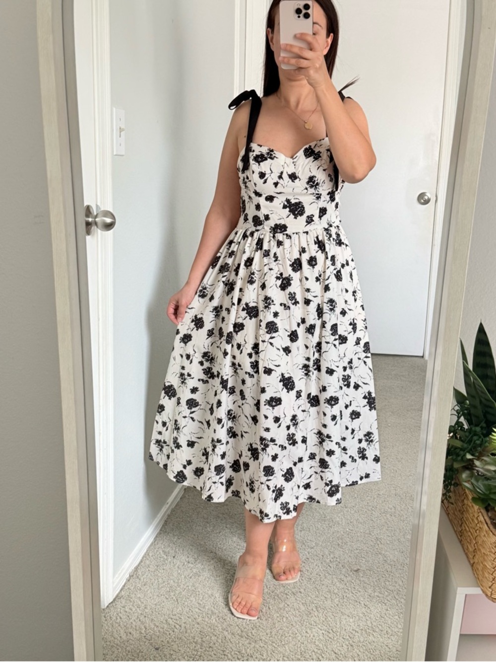 SHEIN Black & White Floral Tie-Strap Midi Dress